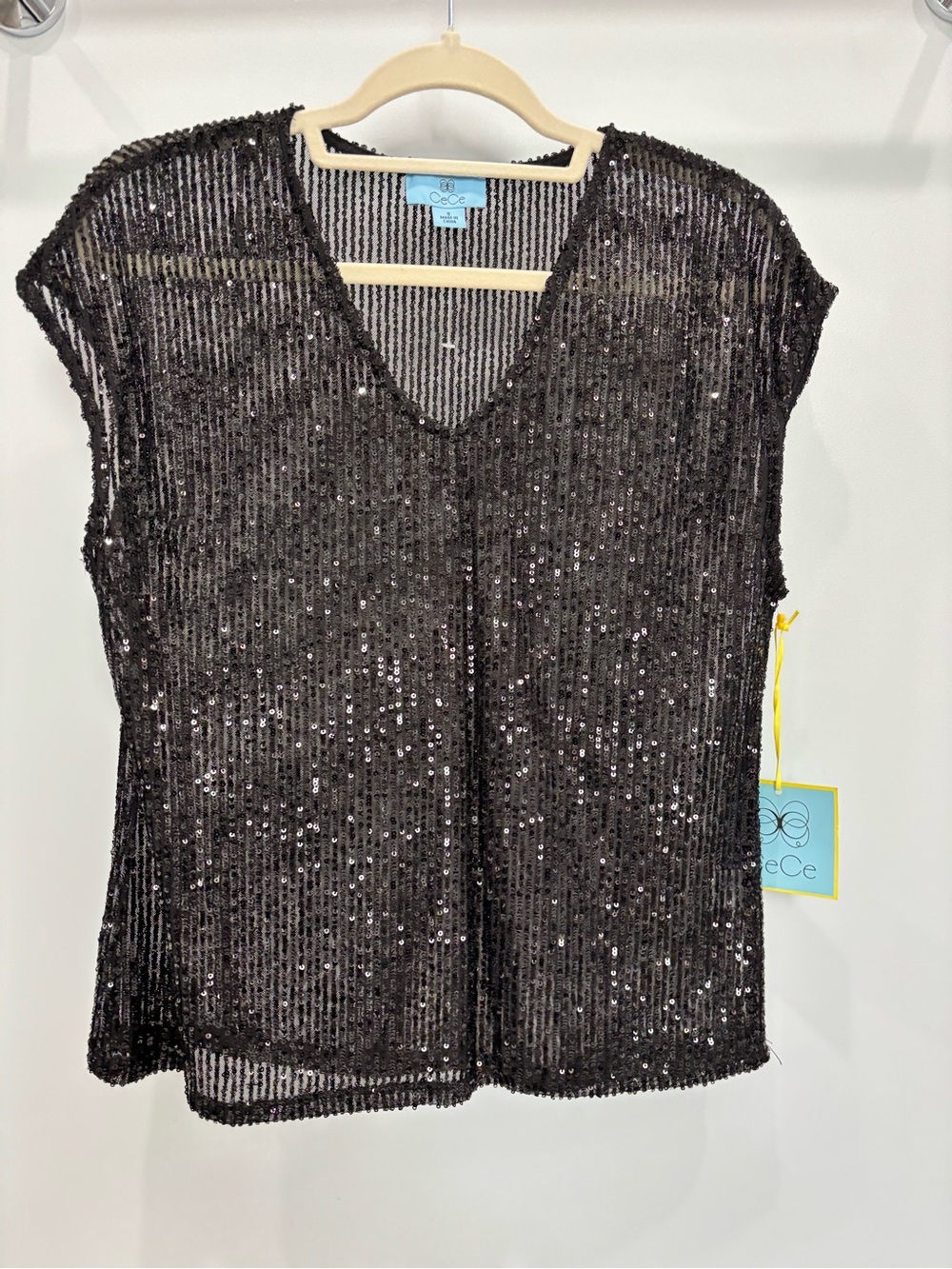 CeCe Black Sequin V-Neck Short Sleeve Top